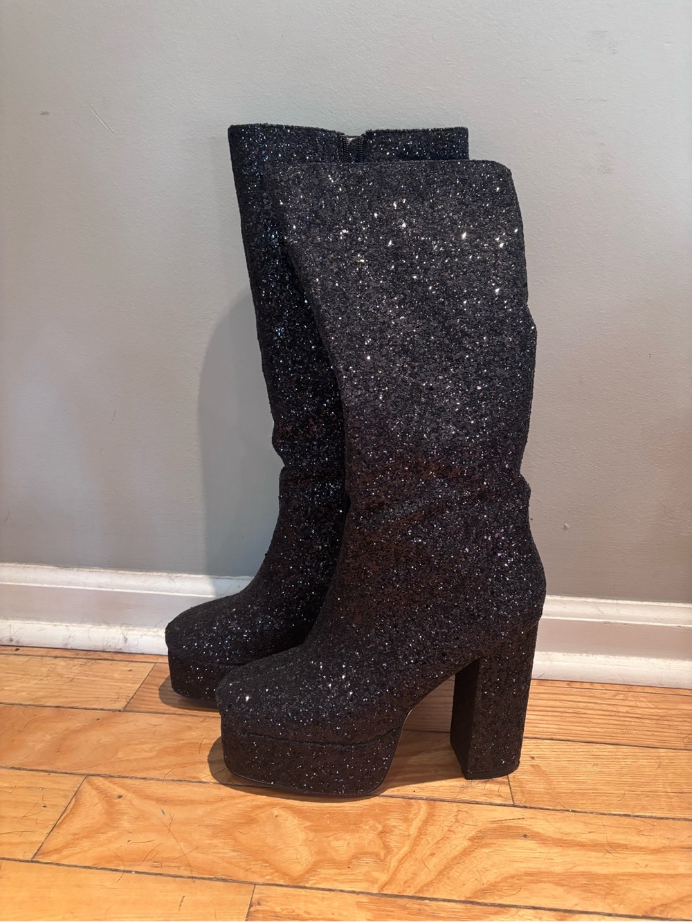DOLLS KILL Black Glitter Platform Mid-Calf Boots
